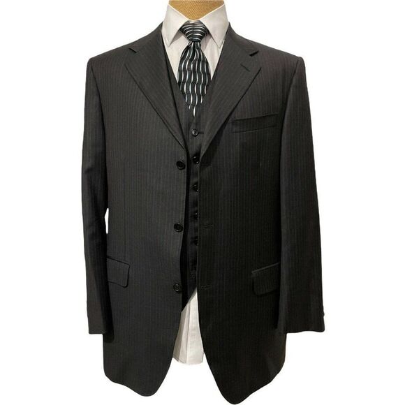 CANALI Men's Two Piece Sports Coat Vest Charcoal Gray Orange Striped Size 44 L - Picture 5 of 11